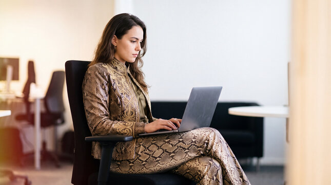 A stylish young woman in a trendy snake print suit is concentrating on her laptop in a modern office space. Working in an office in a managerial position, calling colleagues