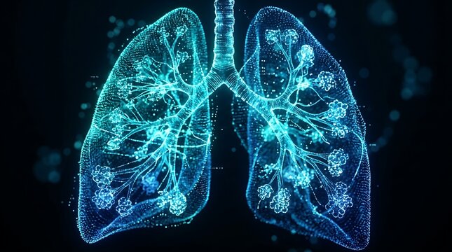 Human lung anatomy with blue particle network