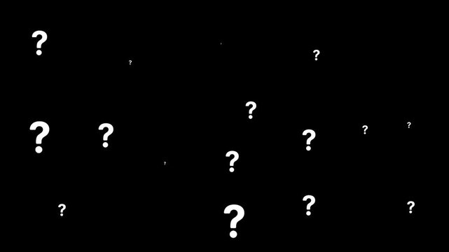 Flying question marks animation pop up on transparent background. Question mark animation; a looped 4K video with a transparent black background and alpha channel. Floating question marks background.