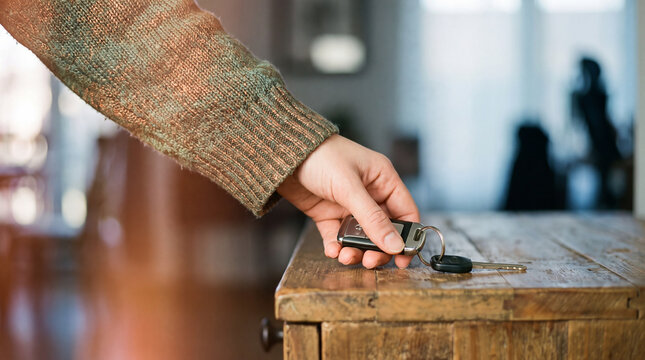 A man in a cozy knitted sweater takes the car keys from a wooden table in the hallway before leaving the house. The car keys are on the bedside table