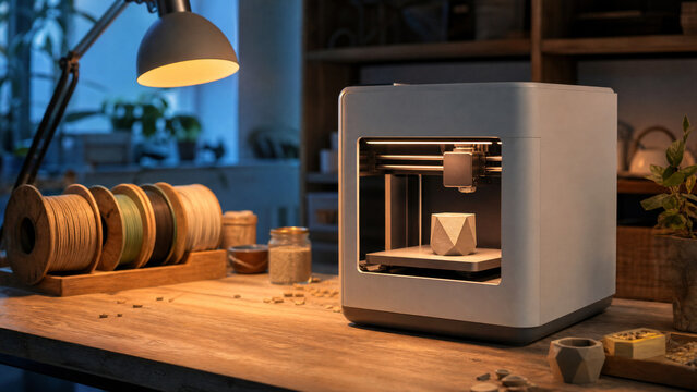 Modern 3D printer creating a plastic object on a wooden workbench in a home workshop setting