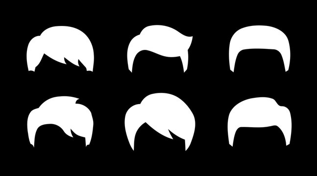 Set of male hair style silhouettes in white isolated on black background for character design usage.