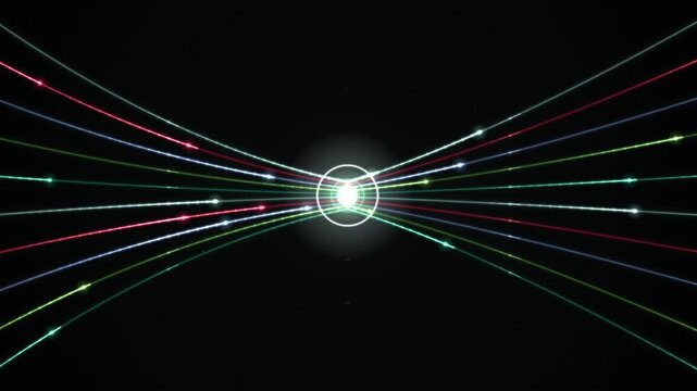 Colorful light beams radiate from a central focal point in a continuous loop.