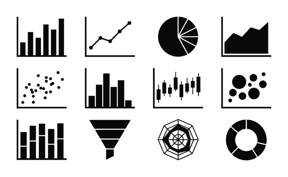 Set of 12 Black and White Data Visualization Icons: Bar Charts, Line Graphs, Pie Charts, Scatter Plots, Candlestick Charts, Funnel, Radar, and Doughnut Charts for Business Analytics and Reporting