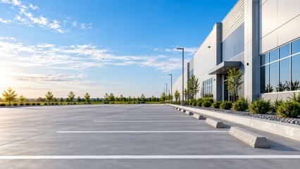Fototapeta premium Industrial Risk Engineering, Spacious and Empty Factory Parking Lot Under Clear Blue Sky with Modern Architecture and Beautiful Landscaping