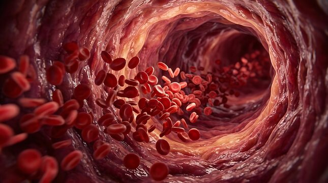 Red blood cells flowing inside blood vessel