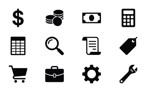 Finance and Business Icons Set: Dollar Sign, Coins, Cash, Calculator, Magnifying Glass, Document, Tag, Shopping Cart, Briefcase, Gear, Wrench