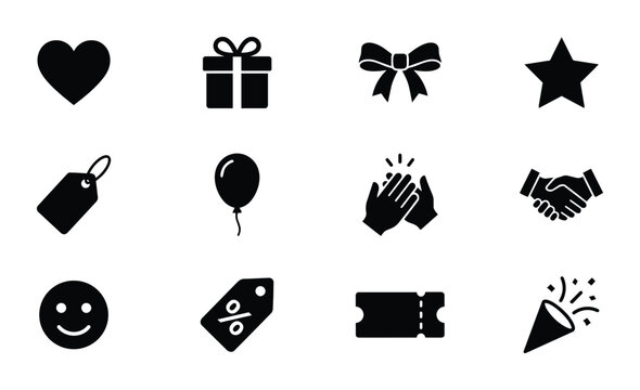 Celebration Icons Set, Festive Vector Graphics: Heart, Gift, Bow, Star, Tag, Balloon, Clapping Hands, Handshake, Smiley, Discount, Ticket, Confetti Popper