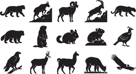Obraz premium Set of black silhouettes of alpine animals, including mountain goats, bighorn sheep, marmot, chinchilla, eagle, and llama in a grid layout