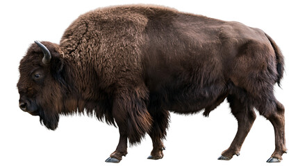 Large brown American bison standing in profile with thick fur and curved horns © Lena