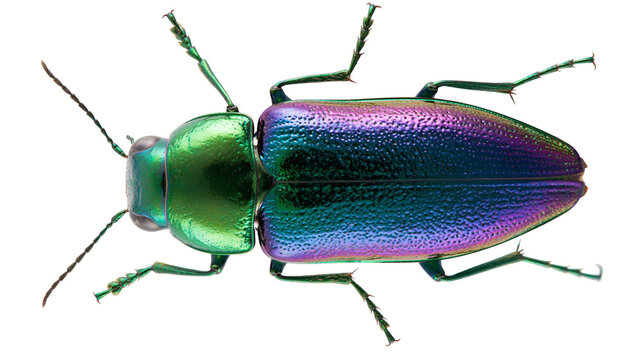 Iridescent green and purple metallic jewel beetle top view