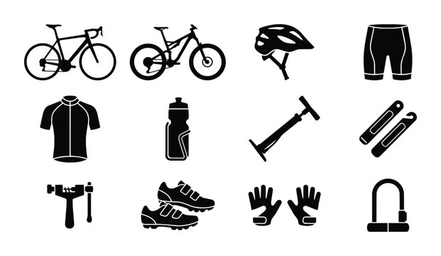 Cycling Gear Icons Set, Bicycle Equipment Vector Graphics, Sports Accessories Collection, Road Bike and Mountain Bike Essentials, Apparel and Tools