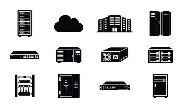 Server Rack Icons, Data Center Equipment, Cloud Storage, Network Hardware, Computer Systems, Technology Infrastructure, IT Solutions, Vector Graphics