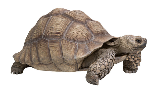 Large African spurred tortoise with textured brown shell and scaly skin