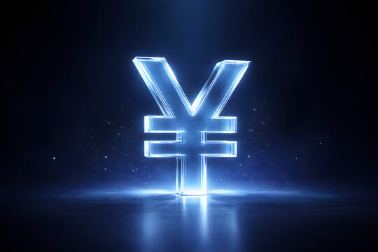 Japanese yen currency symbol glows in blue on a dark reflective surface, representing money, banking, investment, markets, international trade, and the Japanese economy in a modern finance concept.