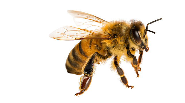 Detailed macro shot of a fuzzy honey bee with translucent wings and striped body