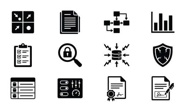 Business Icons Set: Data Analysis, Security, Workflow, Document Management, Technology Tools, Compliance, and Strategy. Vector Graphics for Corporate Presentations and Digital Platforms.