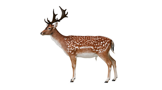 Spotted fallow deer buck with large antlers standing in profile