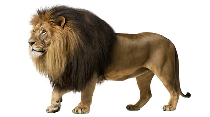 Majestic adult male lion with thick dark brown mane standing in profile © Lena