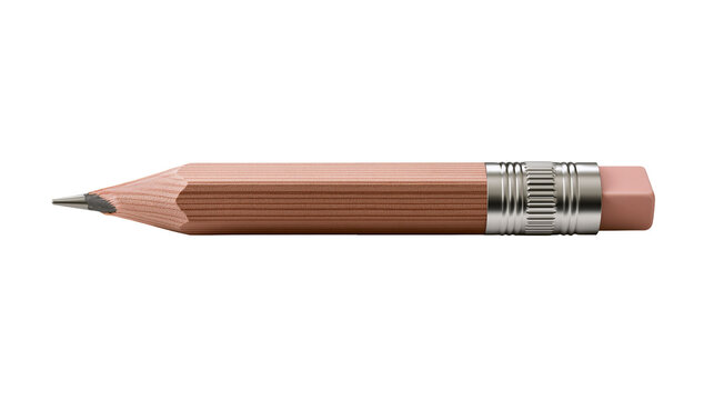 Short wooden pencil with a metal ferrule and a pink rubber eraser tip