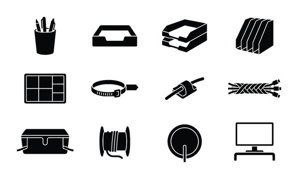 Office Supplies and Technology Icons: Desk Organizer, Cable Management, Computer Monitor, Pen Holder, Document Tray, Power Button, Vector Set