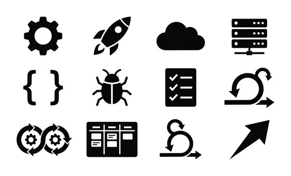 Agile Development Icons Set, Software Engineering Symbols, Cloud Computing, DevOps, Project Management Tools, Startup Rocket, Data Server, Bug Fixing