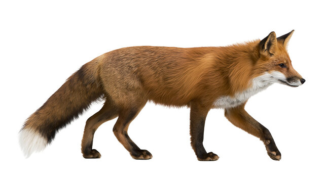 Red fox standing in profile with bushy tail and white tipped fur