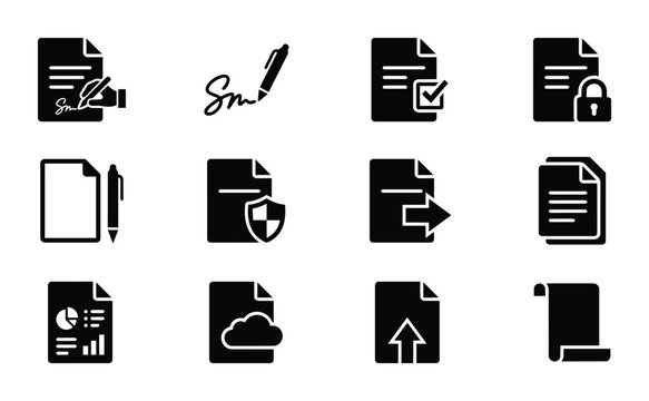 Document Icons Set: Signature, Security, Report, Upload, Download, Cloud Storage, Legal Contract, Checklist, Scroll, Pen, Business Paperwork Icons