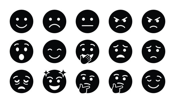 Set of 15 Black Emoji Icons, Diverse Emotions, Simple Vector Graphics for Communication and Social Media