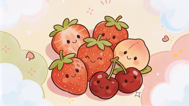 Smiling fruit cluster on cream changing as sparkles twinkling friendly strawberries cherries peach