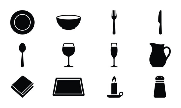 Vector Icons: Dining Set, Tableware, Cutlery, Glassware, Pitcher, Candle, Salt Shaker, Napkin, Placemat, Bowl, Plate