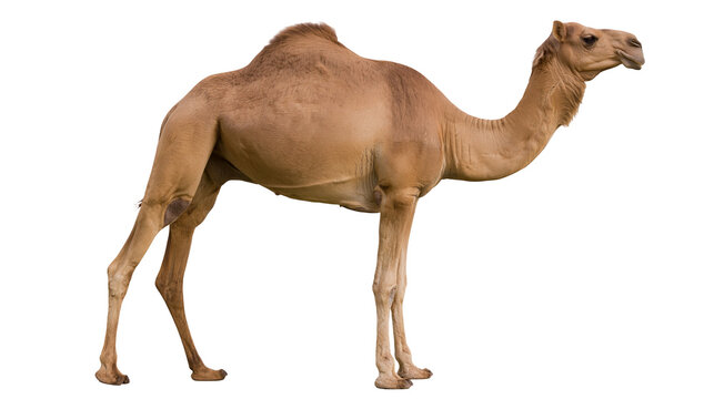 Full body side view of a brown dromedary camel standing
