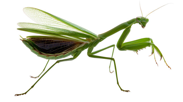 Bright green praying mantis with spread wings and sharp raptorial forelegs