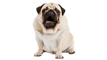 Obraz premium Fawn colored pug dog sitting with mouth open and tongue visible