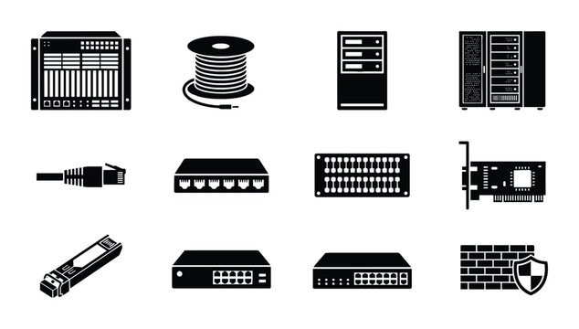 Network Hardware Icons, Server Racks, Routers, Switches, Cables, and Firewalls Vector Set. Technology Equipment Graphics for IT infrastructure, data centers, and cybersecurity.