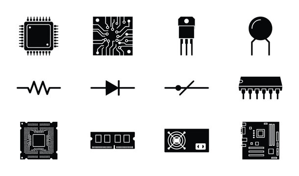 Electronic Components Icons Set, Vector Circuit Board Symbols, Technology Hardware Graphics, Digital Data Chip and Resistor Illustrations
