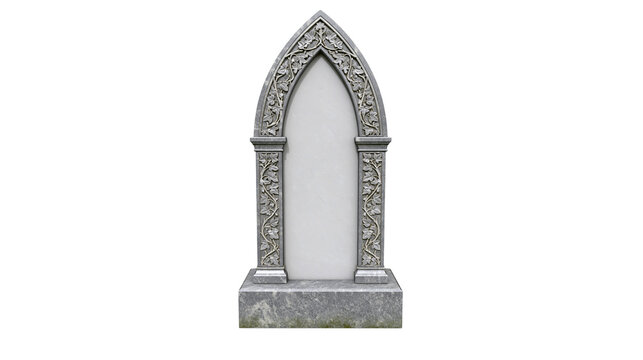 Gothic stone tombstone with ornate ivy leaf carvings and pointed arch top