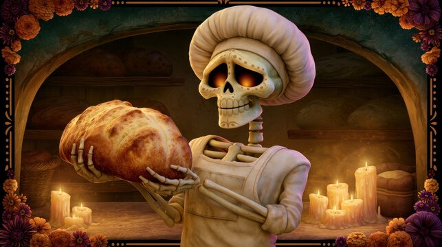 Skeleton Baker Holding Traditional Bread in Mexican Bakery
