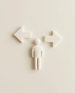 Person pictogram between two branching arrows representing choice, path selection, and decision making