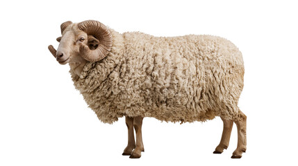 Large adult ram with thick curly wool and curved horns standing in profile © Lena