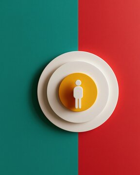 human figure icon centered on layered circular platforms against split green and red background, minimalist concept for individual choice or social distinction