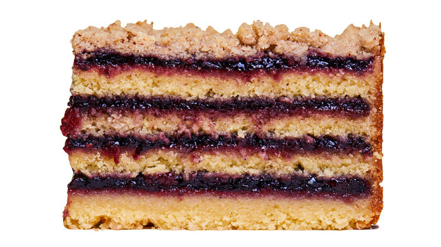 Layered sponge cake slice with dark berry fruit jam filling and crumb topping