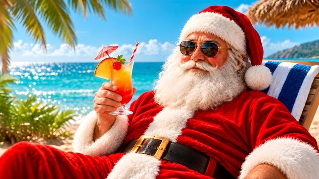 Der Weihnachtsmann genie&szlig;t seinen Sommerurlaub mit einem Cocktail an einem tropischen Strand.