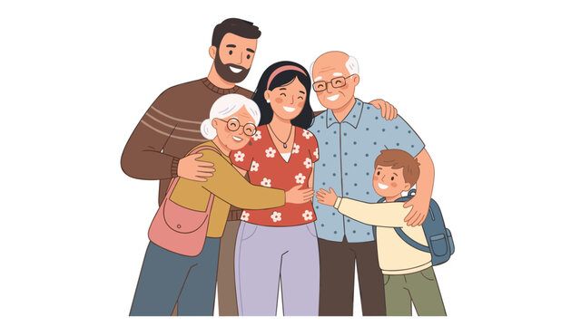 Happy multigenerational family hugging together with grandparents parents and child vector illustration on white background
