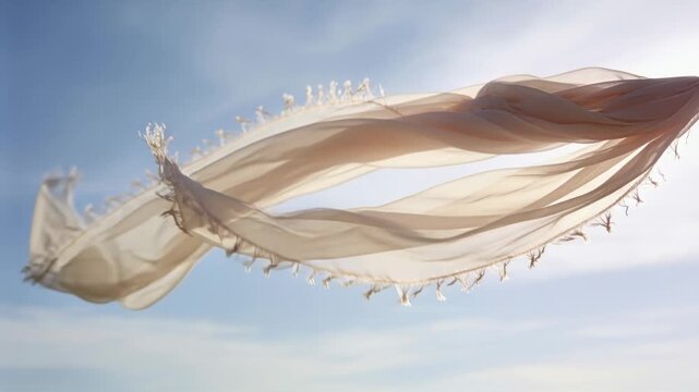 Drifting sheer scarf untwisting and unfurling in pale blue sky, breeze sending fringe fluttering