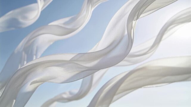 Drifting sheer white fabric ribbons twisting rolling sliding across blue sky, moved by light breeze