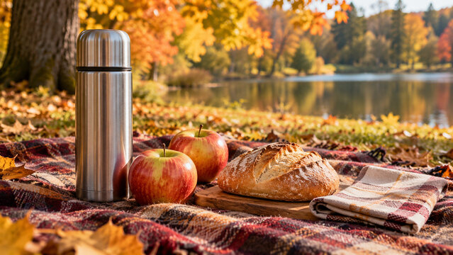 Herbstpicknick mit &Auml;pfeln Brot und Thermosflasche
