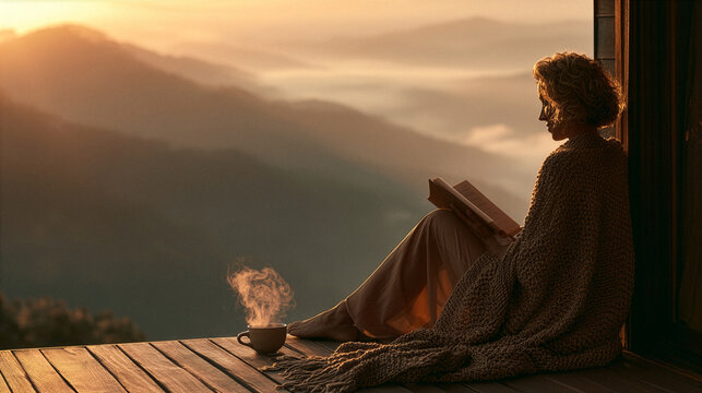 young woman sitting on a modern balcony moments before sunrise, peacefully reading an elegant mindfulness book