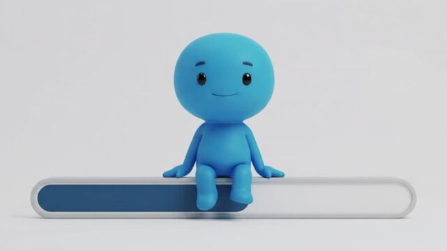 Cute 3D Blue Character Sitting on Loading Bar, Minimal Technology Concept