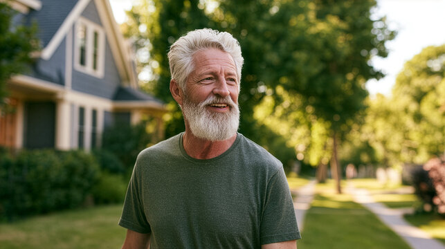 active senior man while walking confidently through a bright neighborhood
